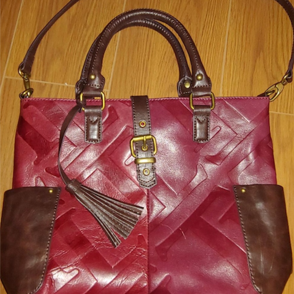 Tignanello Glazed Vintage Embossed Leather Burgandy with brown trim